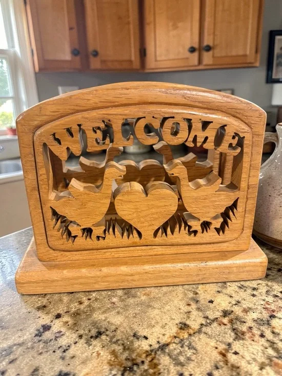 Vintage 1975 Solid Wood Die Cut Goose Welcome Napkin Recipe Mail Book Holder - Picture 8 of 13